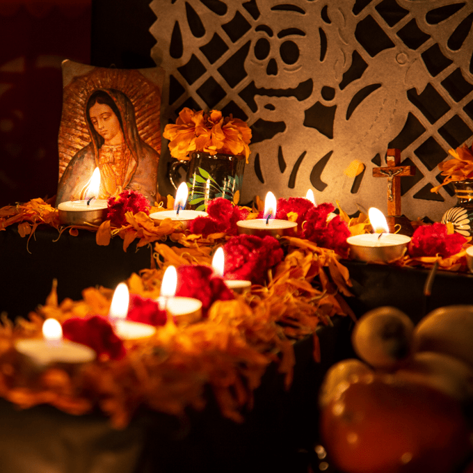 dia de los muertos altar with Virgen de Guadalupe